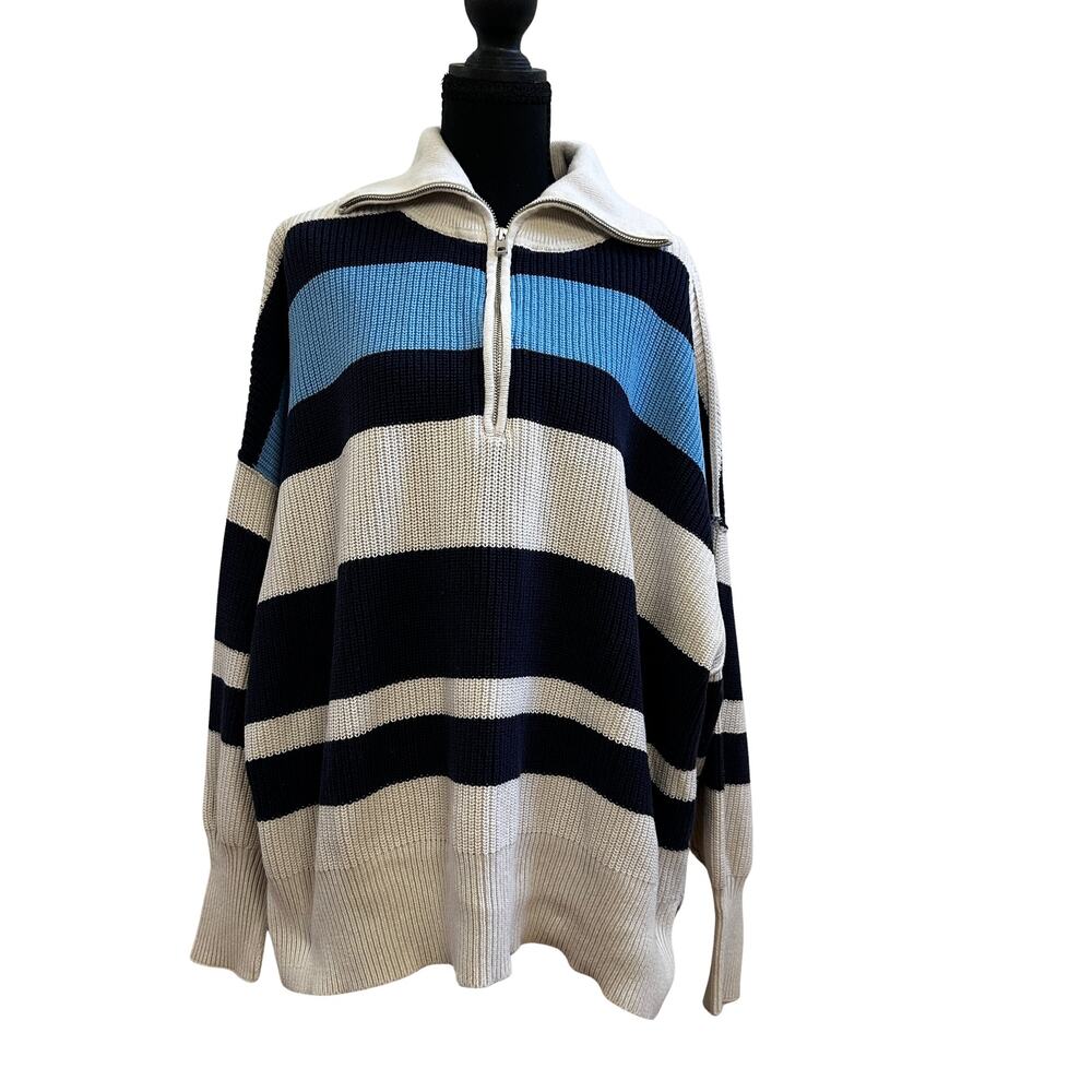 Aerie Oversized Half Zip Sweater Blue Stripe Cozy Knit Size M